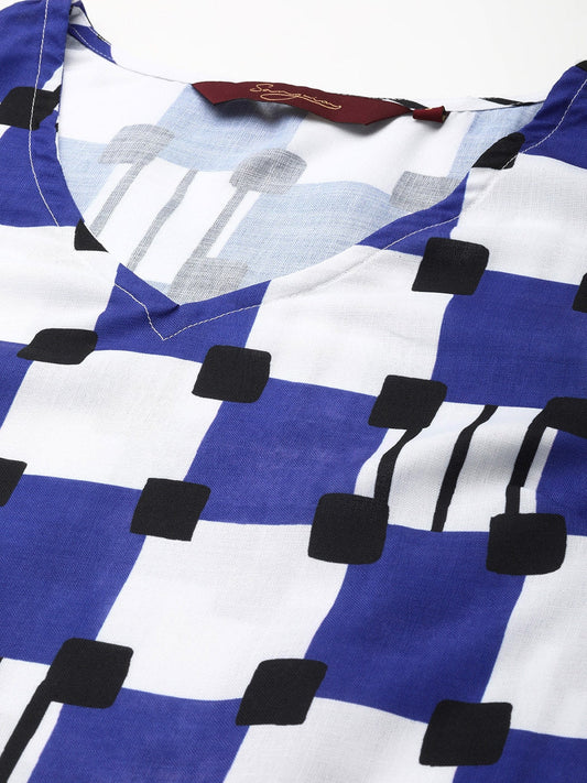 Sangria Women Navy Blue & White Printed A-Line Kurta with Trousers - Grab2buy