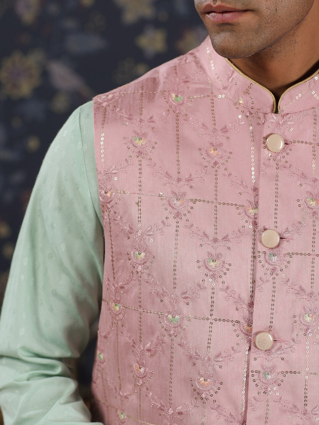 House of Pataudi Mandarin Collar Straight Kurta With Churidar & Embroidered Nehru Jacket
