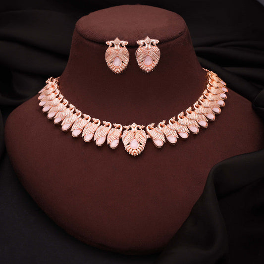 Tehzeeb Creations Rose Gold Baby Pink Colour Necklace With Pair Of Earrings