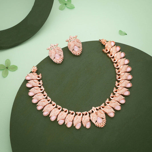 Tehzeeb Creations Rose Gold Baby Pink Colour Necklace With Pair Of Earrings