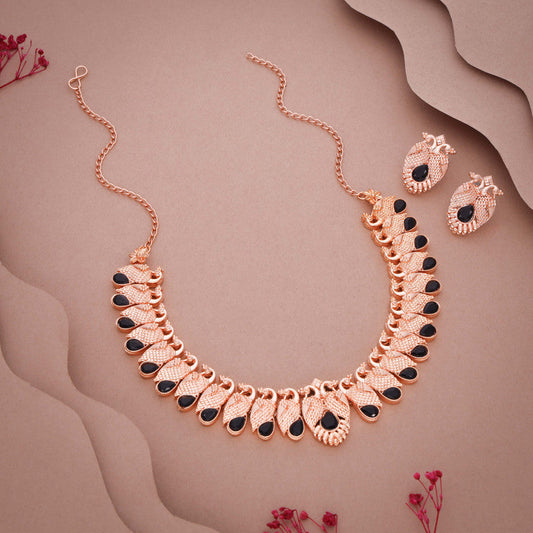 Tehzeeb Creations Rose Gold Black Colour Necklace With Pair Of Earrings