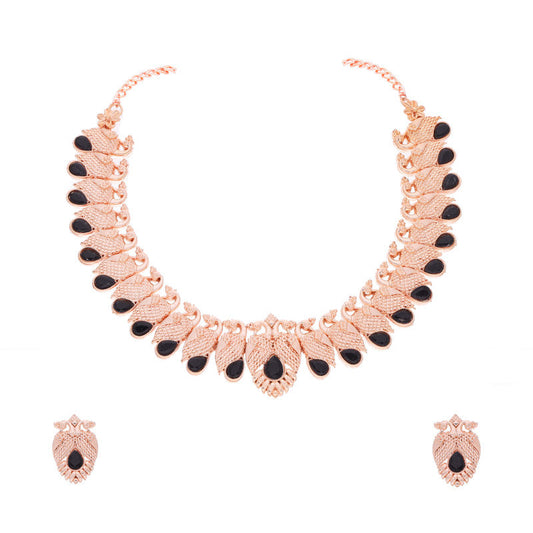 Tehzeeb Creations Rose Gold Black Colour Necklace With Pair Of Earrings
