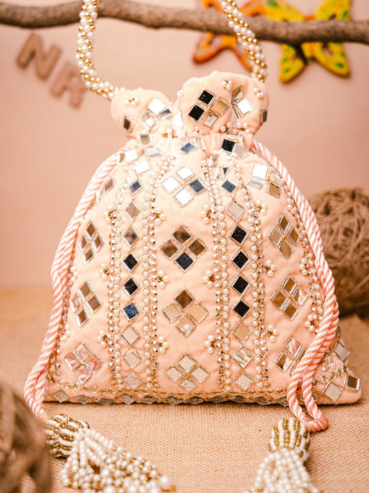 NR By Nidhi Rathi Peach-Coloured & White Embroidered Potli Clutch - Grab2buy