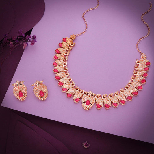 Tehzeeb Creations Rose Gold Pink Colour Necklace With Pair Of Earrings
