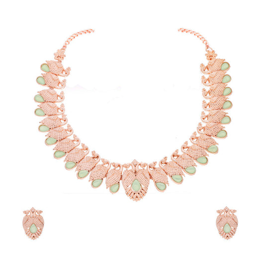 Tehzeeb Creations Rose Gold Sea Green Colour Necklace With Pair Of Earrings