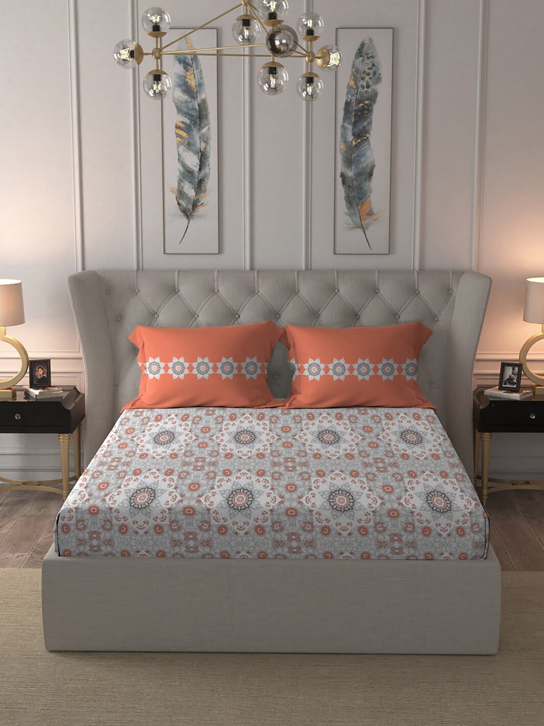 MYTRIDENT Grey White Floral Pure Cotton 144 TC Queen Bedsheet With 2 Pillow Covers 