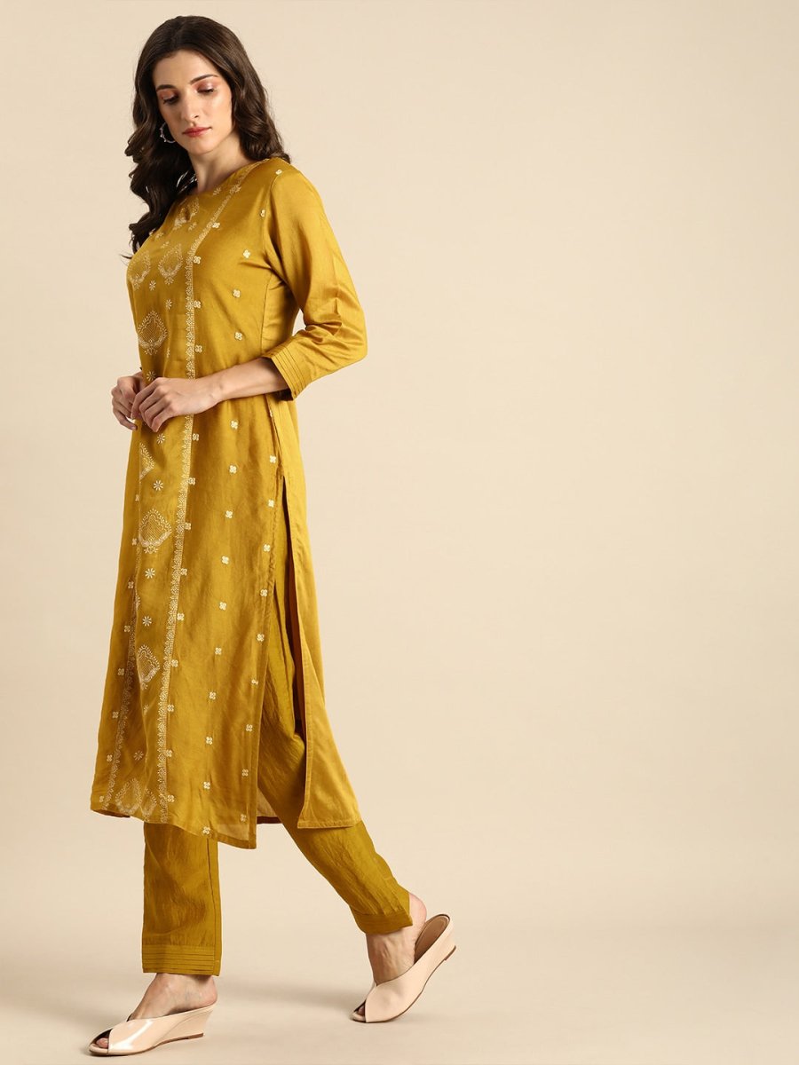 All About You Women Mustard Yellow & Off-White Ethnic Motifs Embroidered Kurta Set