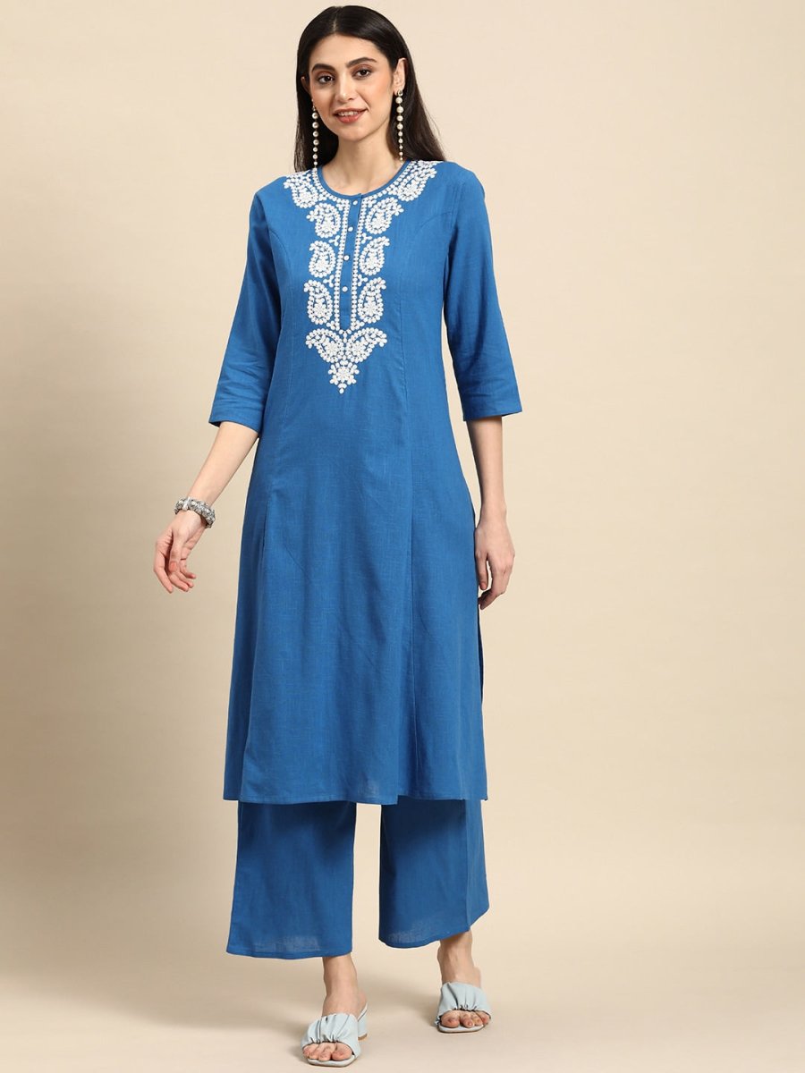 Anouk Women Chikankari Pure Cotton A-Line Kurta with Palazzos 