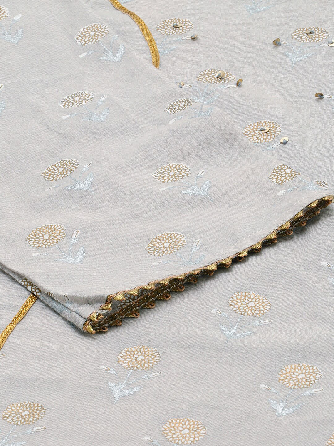 HERE&NOW Women Grey Floral Printed Panelled Gotta Patti Pure Cotton Kurti with Sharara With Dupatta
