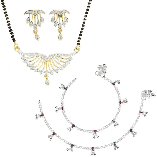 AanyaCentric Gold-Polished Mangalsutra Pendant Earring Set & Silver Plated Anklet