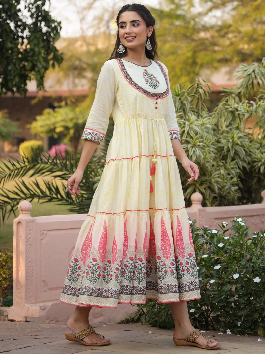 Juniper Yellow Ethnic Motif Printed Cotton Voile Maxi Dress With Thread Embroidery