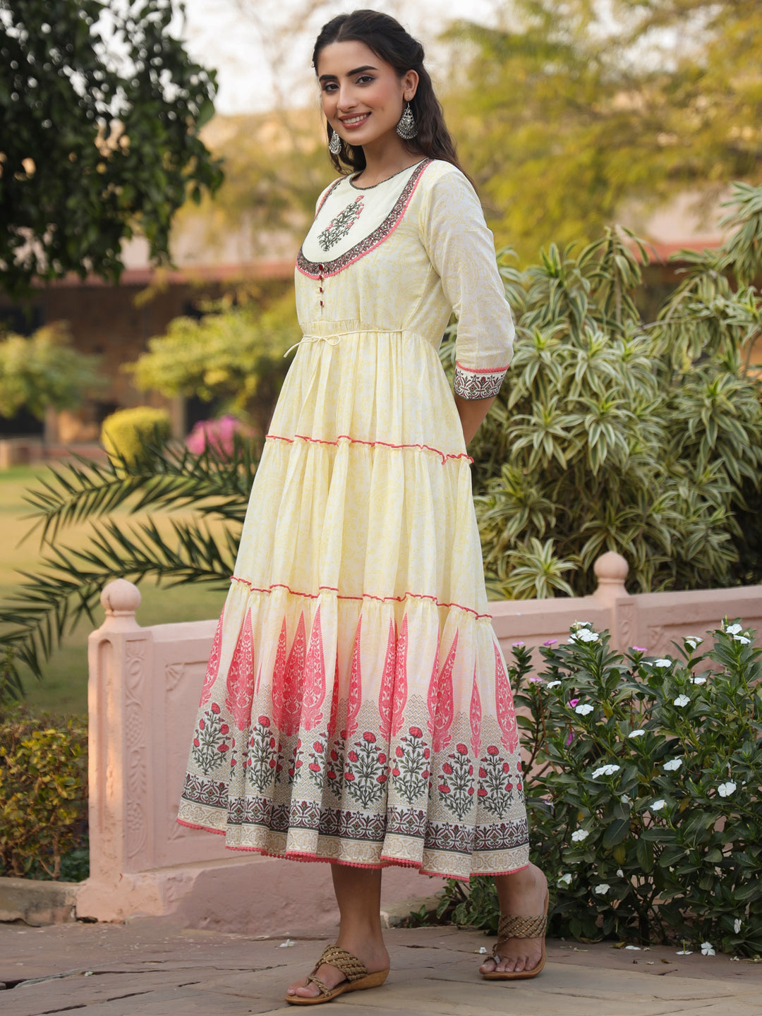Juniper Yellow Ethnic Motif Printed Cotton Voile Maxi Dress With Thread Embroidery