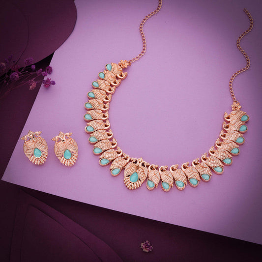 Tehzeeb Creations Rose Gold Sky Blue Colour Necklace With Pair Of Earrings