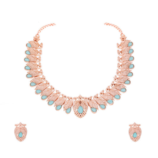 Tehzeeb Creations Rose Gold Sky Blue Colour Necklace With Pair Of Earrings