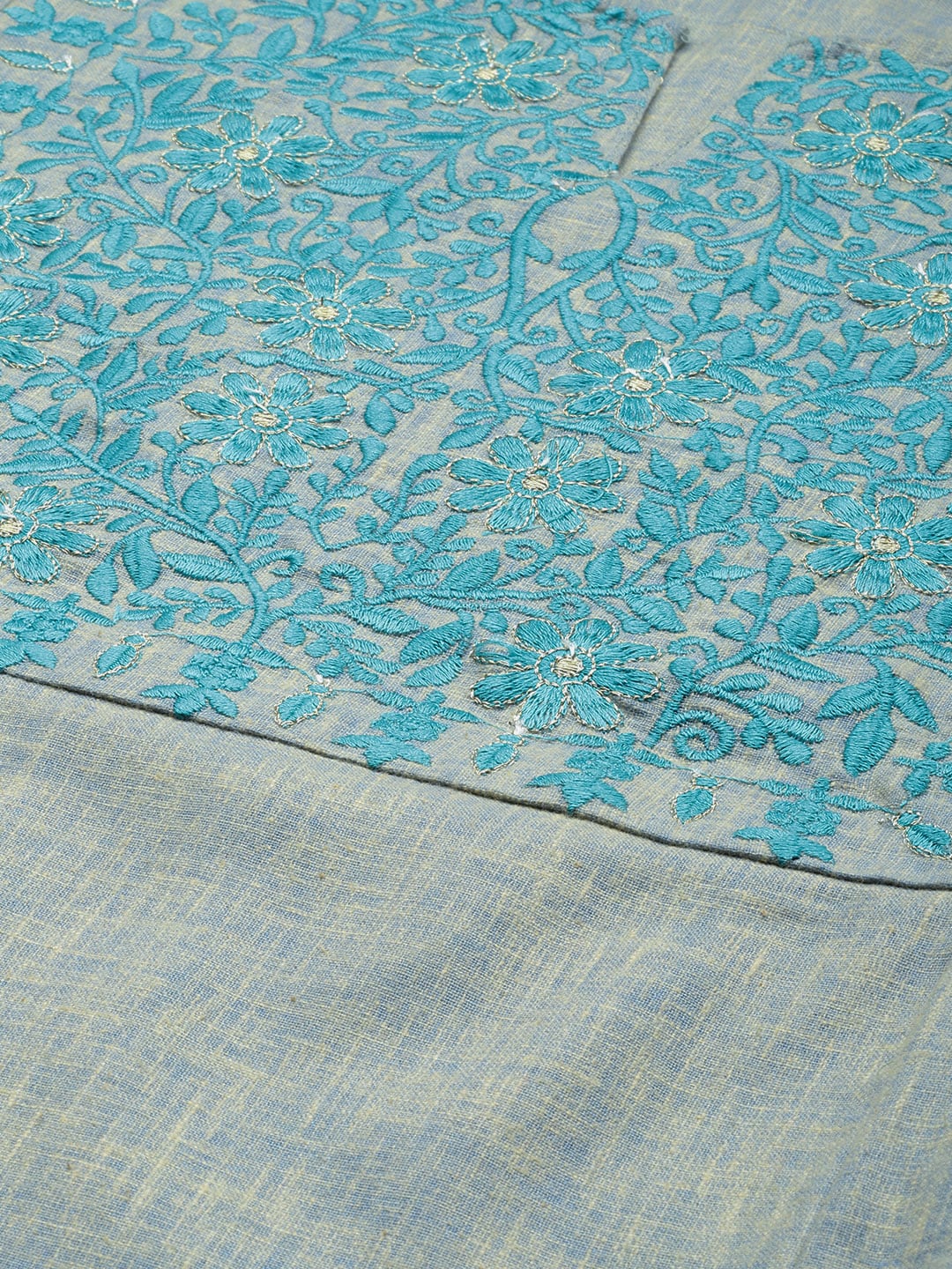 HERE&NOW Grey & Blue Embroidered Cotton Kurta with Trousers & With Dupatta
