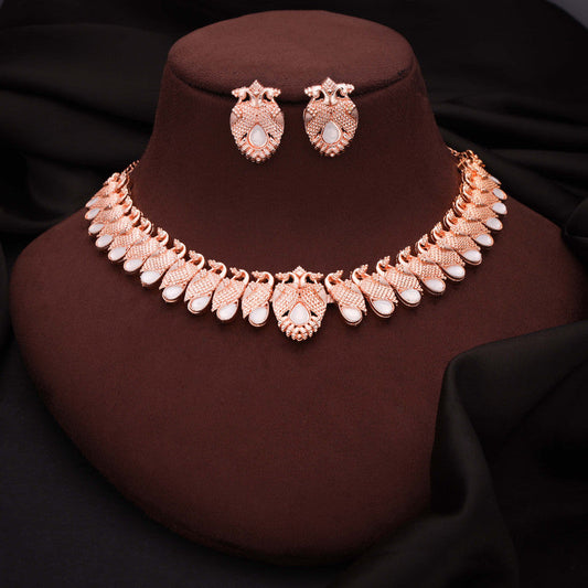 Tehzeeb Creations Rose Gold White Colour Necklace With Pair Of Earrings