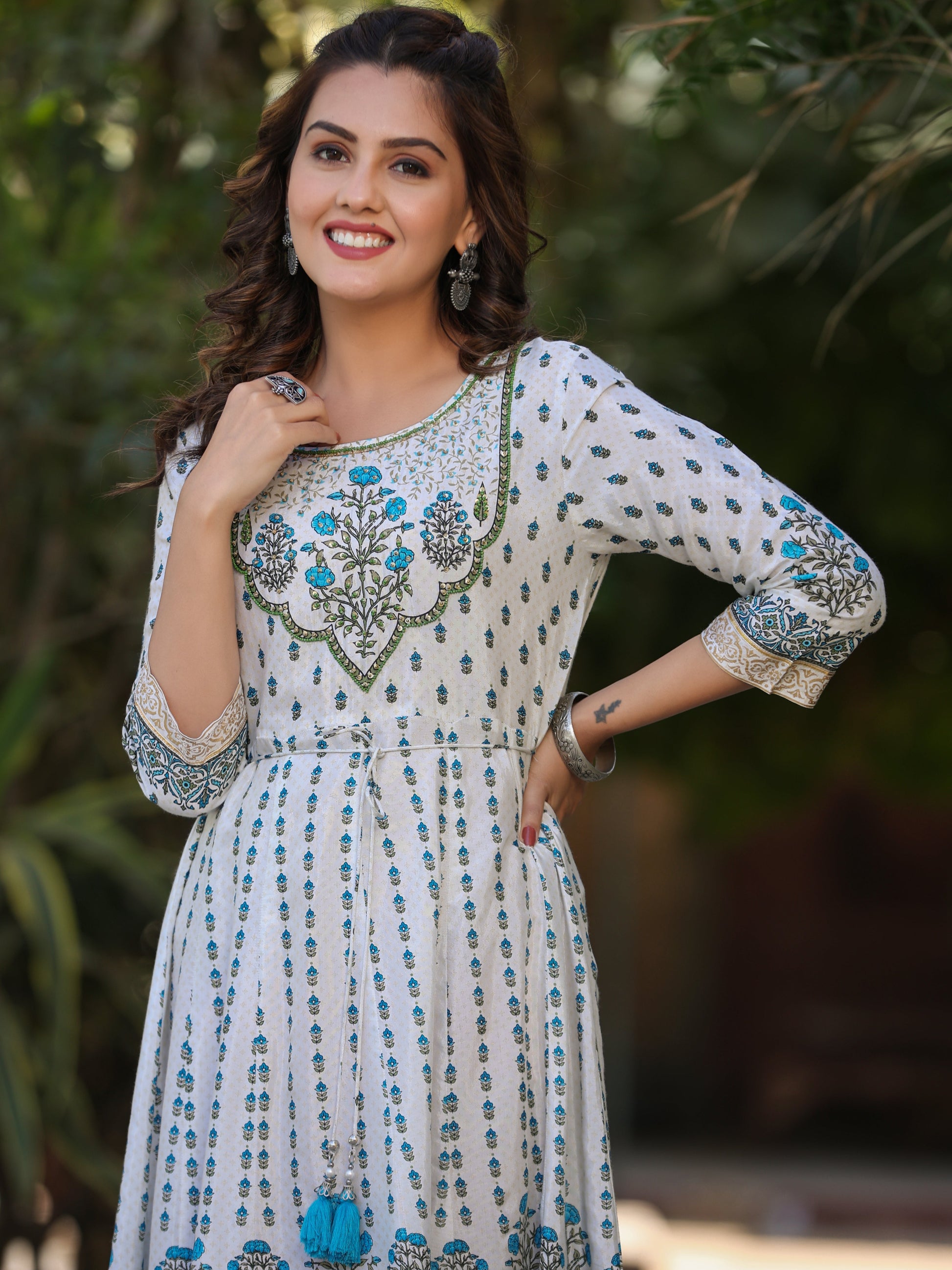 Juniper Blue Ethnic Motif Printed Flared Shantoon Maxi Dress With Beads & Sequins Work