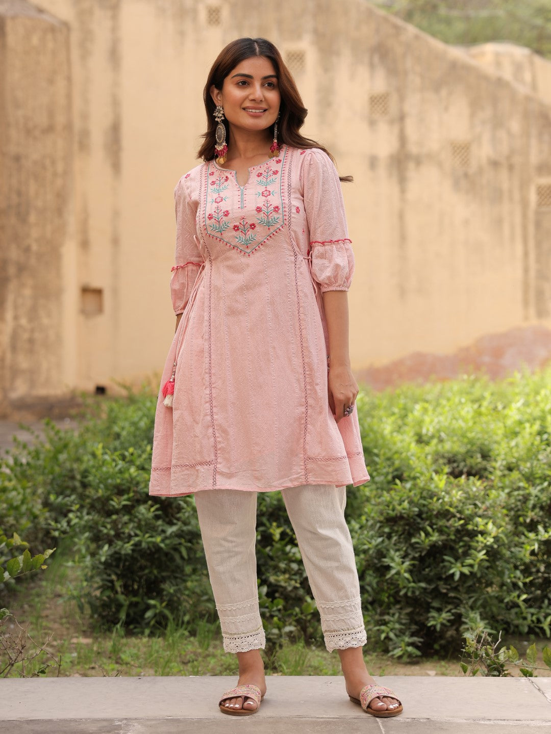 Juniper Women's Pink Floral Printed Cotton Dobby Flared Short Kurta With Pant With Thread Embroidery