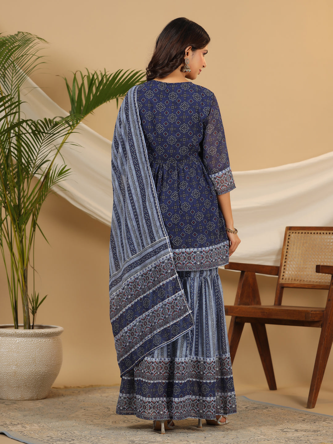 Juniper Navy Blue Geometric Printed Georgette Gota Kurta Sharara & Dupatta Set With beads & Sequins
