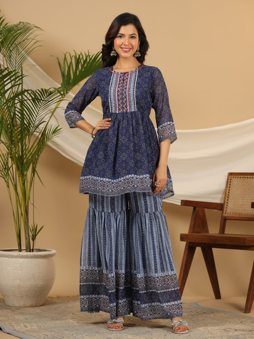 Juniper Navy Blue Geometric Printed Georgette Gota Kurta Sharara & Dupatta Set With beads & Sequins