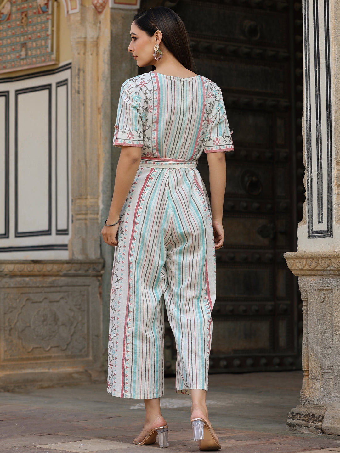 Juniper Ivory Geometric Printed Cotton Flex Jumpsuit With Beads & Thread Work