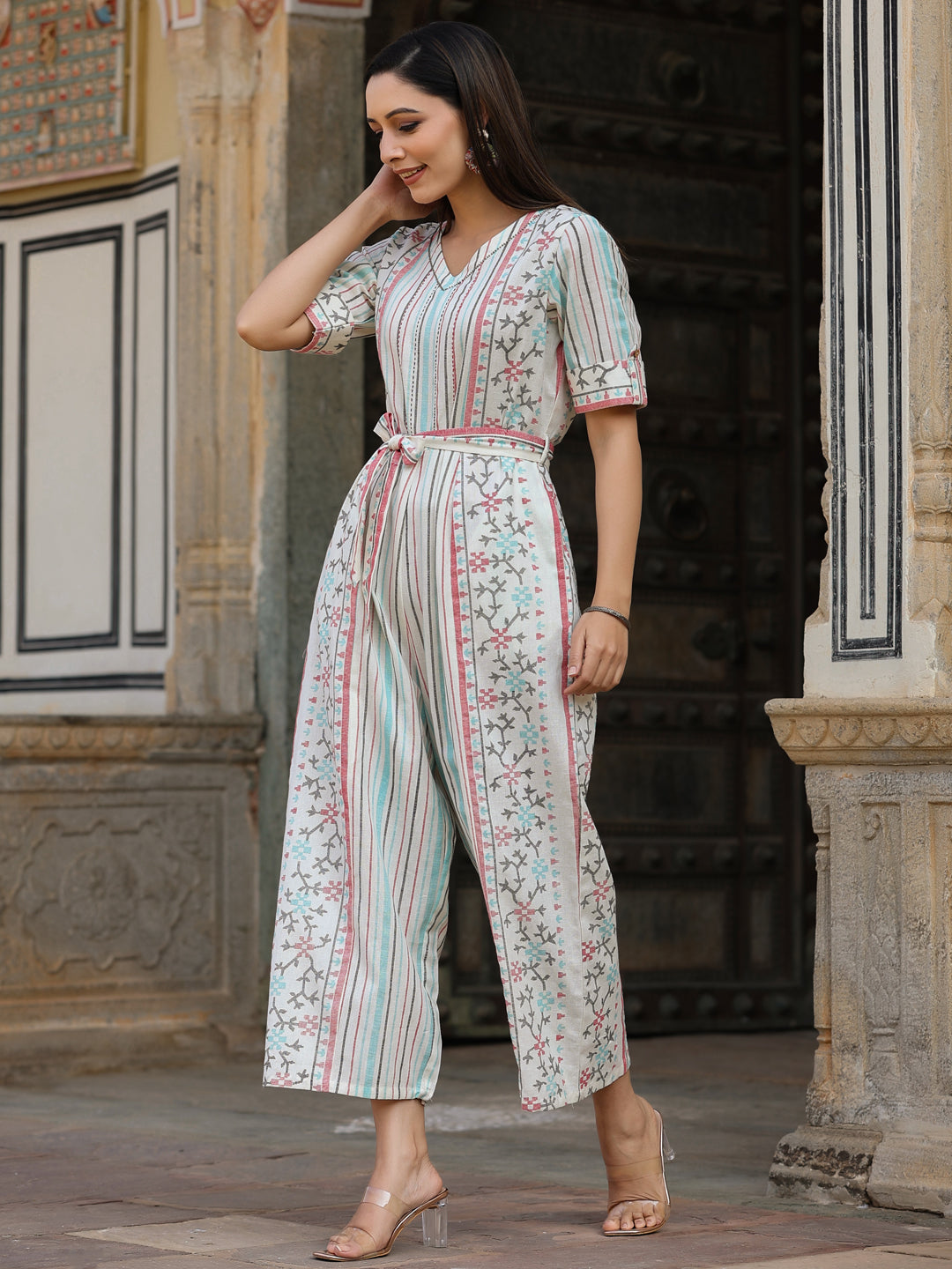 Juniper Ivory Geometric Printed Cotton Flex Jumpsuit With Beads & Thread Work