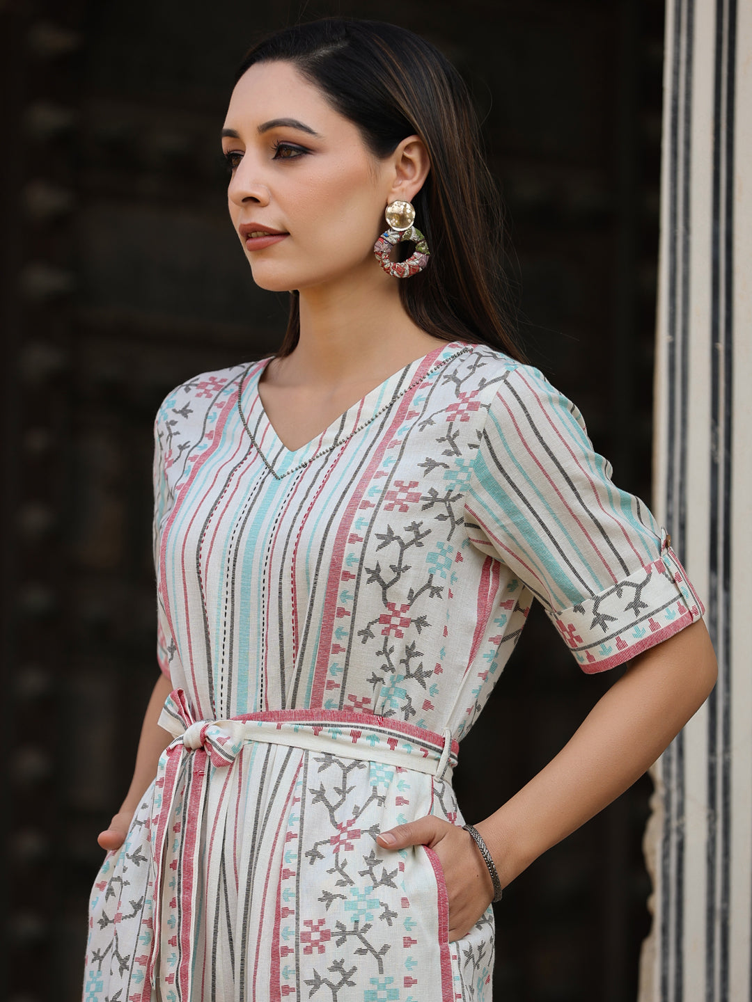 Juniper Ivory Geometric Printed Cotton Flex Jumpsuit With Beads & Thread Work
