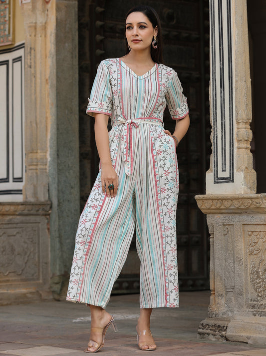 Juniper Ivory Geometric Printed Cotton Flex Jumpsuit With Beads & Thread Work