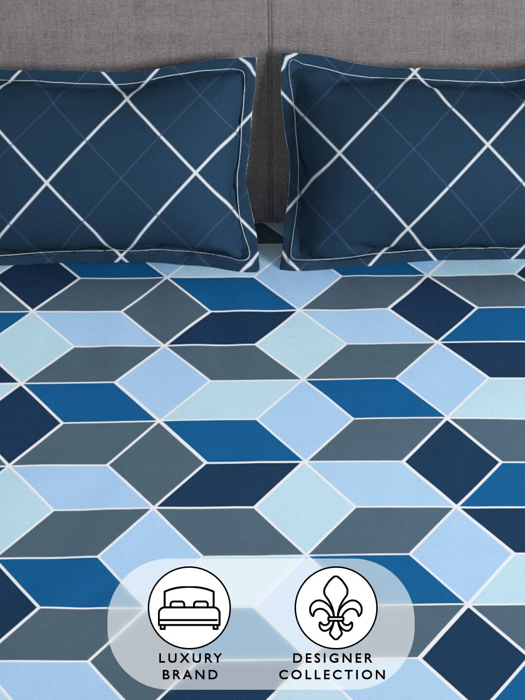 Story@home Arena Blue & Grey Geometric Printed 180 TC Queen Bedsheet & 2 Pillow Covers 
