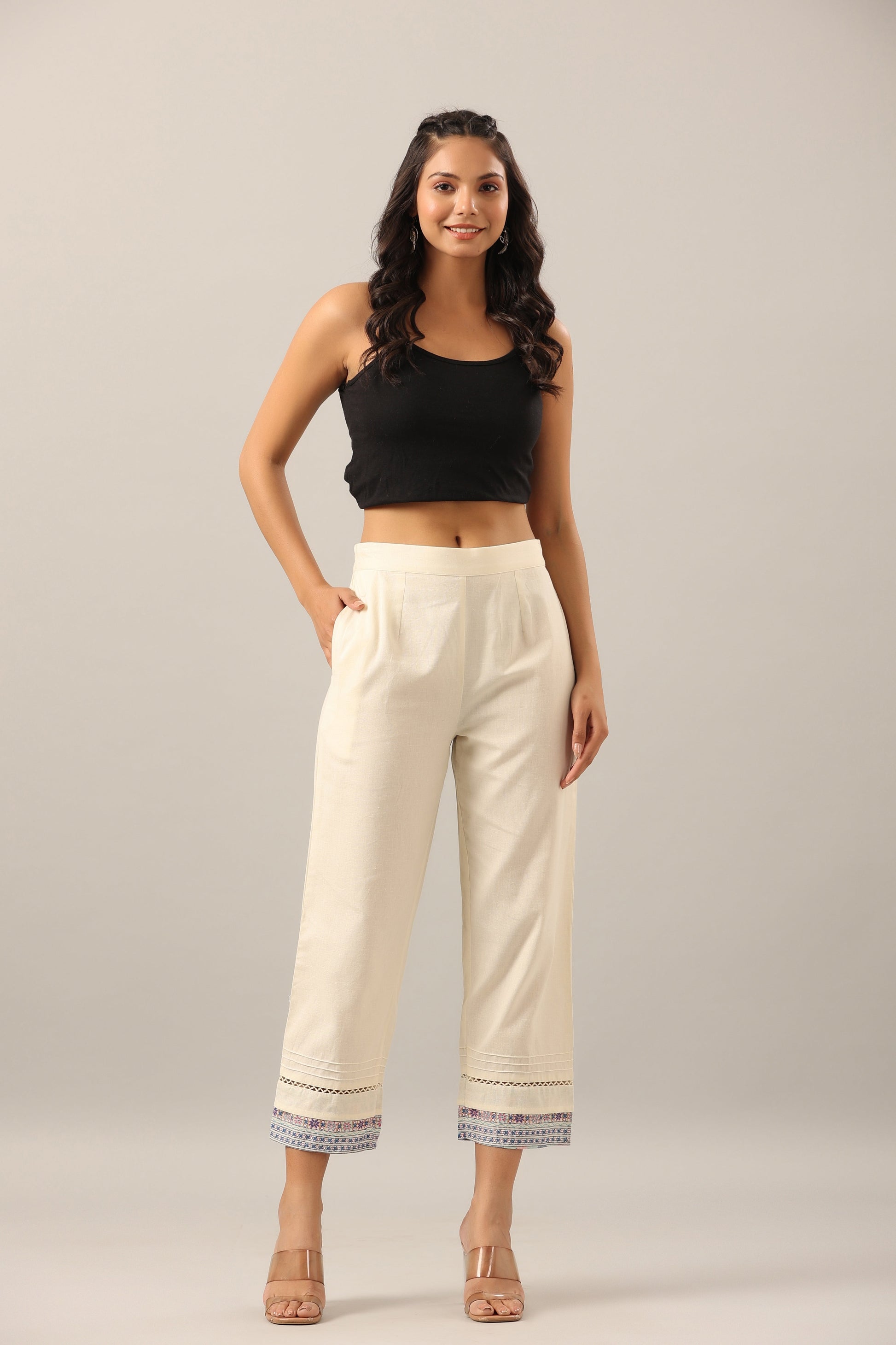 Juniper Women's Off-White Solid Cotton Flex Pants With Printed Hem, Pintucks & Lace Work