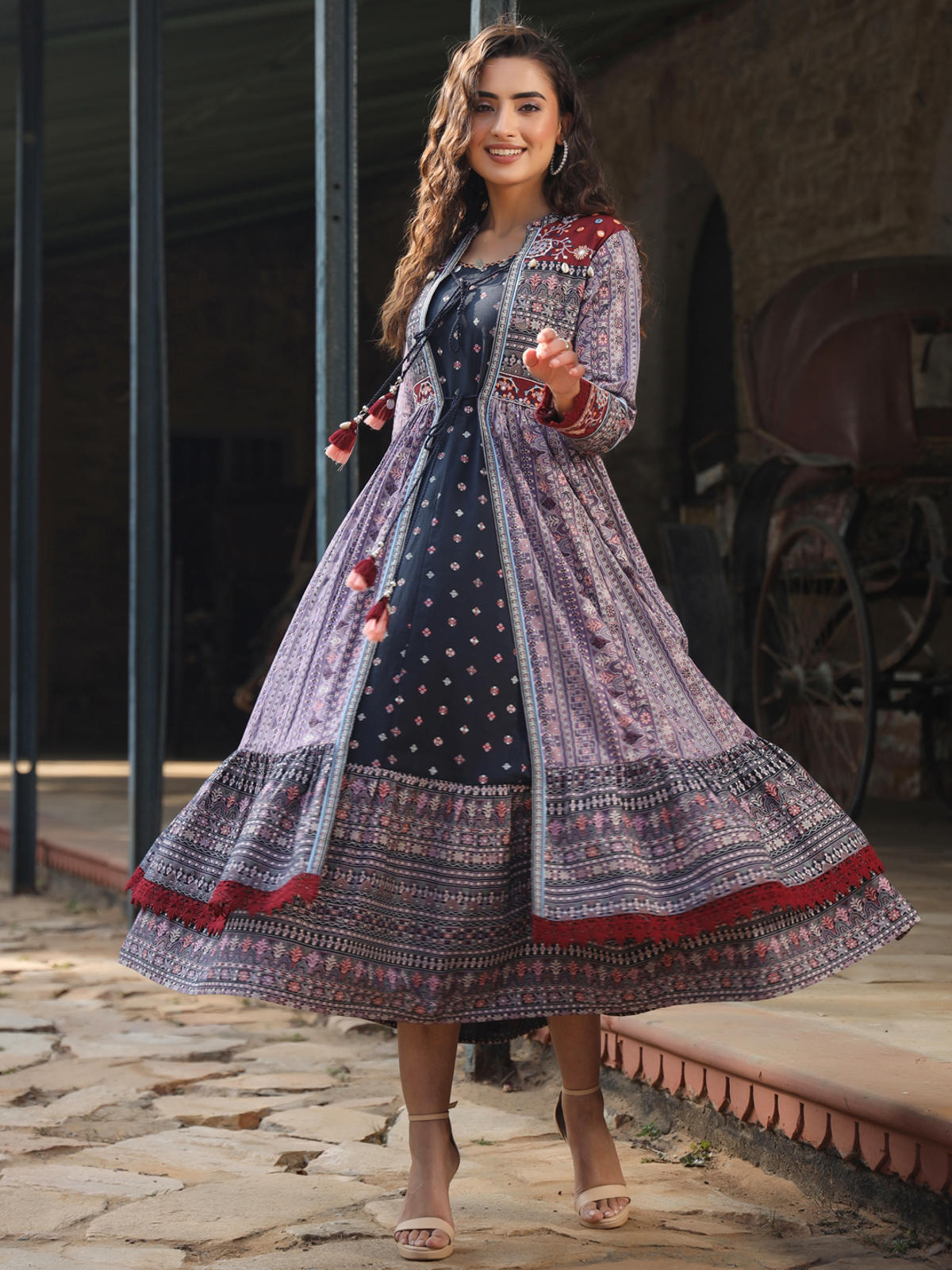 Juniper Women's Juniper Women's Lavender Cambric Printed With Embroidery Flared Dress