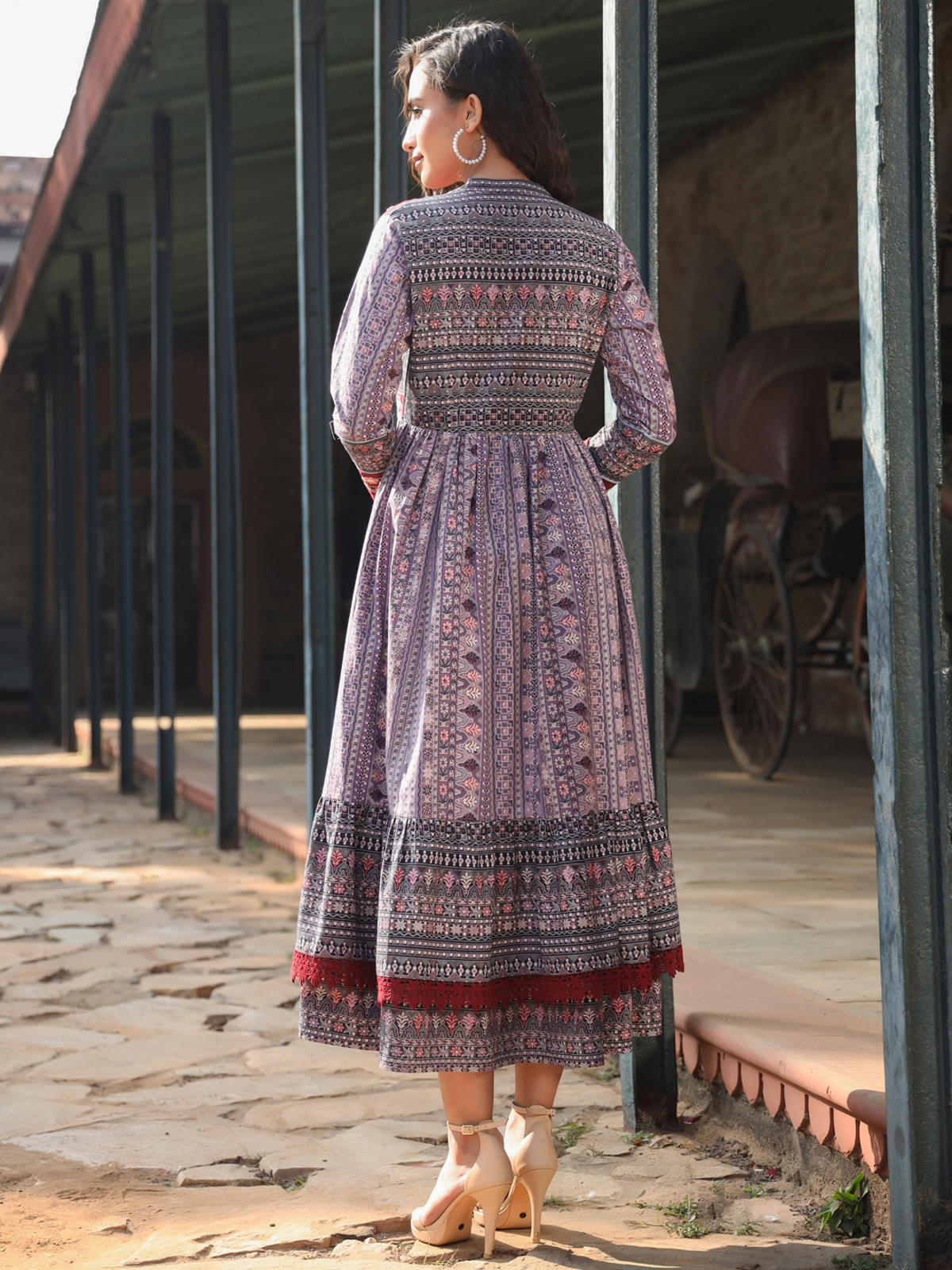 Juniper Women's Juniper Women's Lavender Cambric Printed With Embroidery Flared Dress