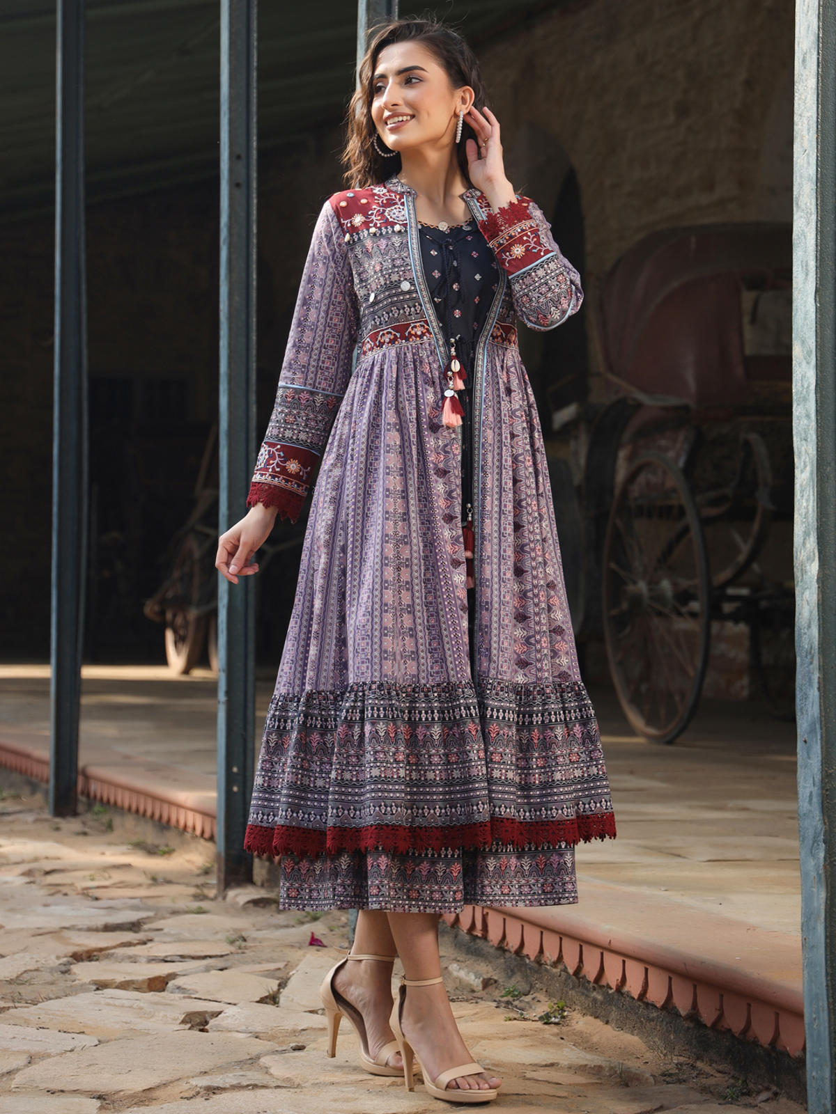 Juniper Women's Juniper Women's Lavender Cambric Printed With Embroidery Flared Dress
