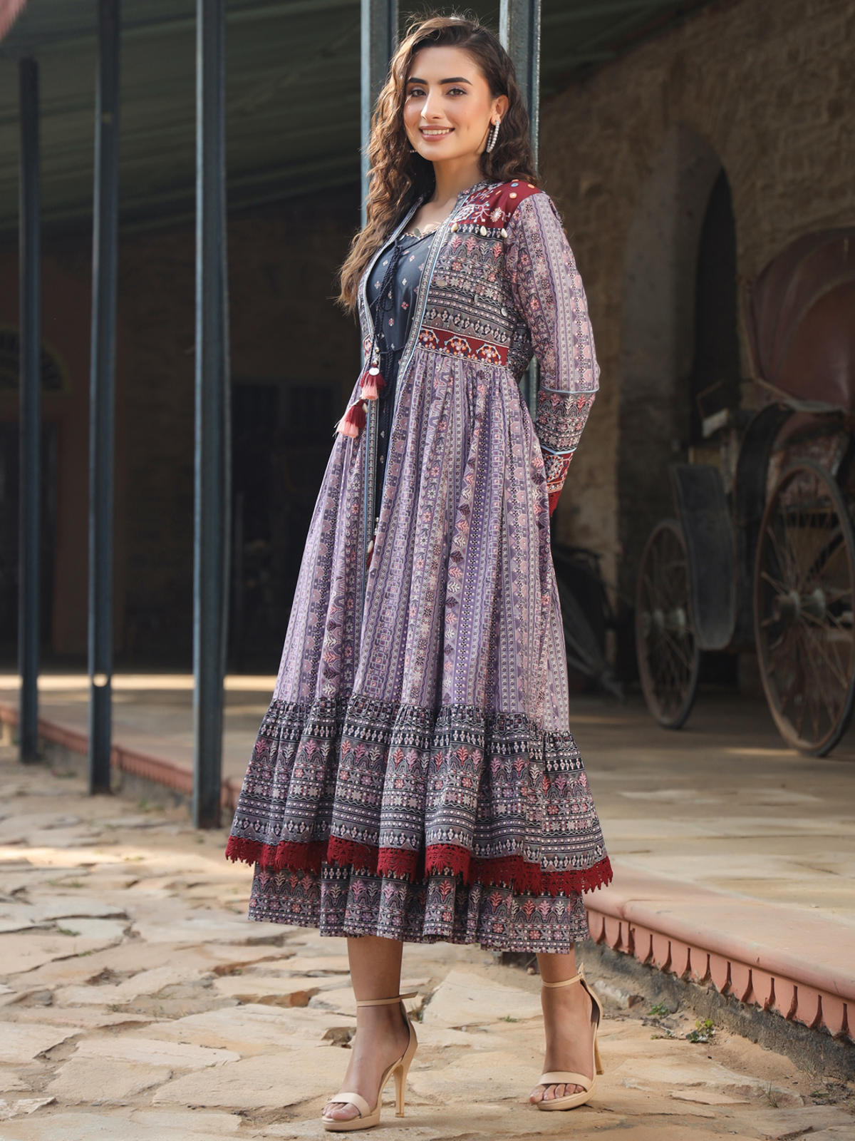 Juniper Women's Juniper Women's Lavender Cambric Printed With Embroidery Flared Dress