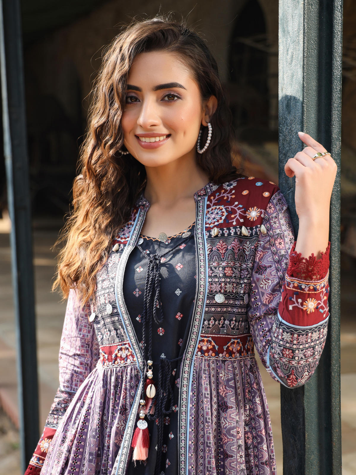 Juniper Women's Juniper Women's Lavender Cambric Printed With Embroidery Flared Dress