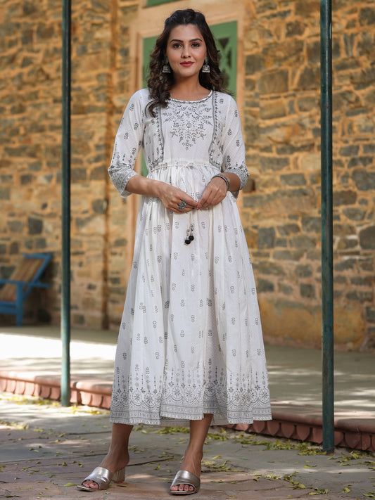 Juniper White Pure Cotton Printed Kurta, Sharara & Dupatta Set With Beads & Sequins