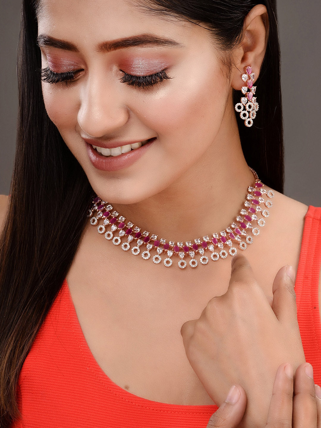 Saraf RS Jewellery Rose Gold-Plated Red AD-Studded Jewellery Set - Grab2buy