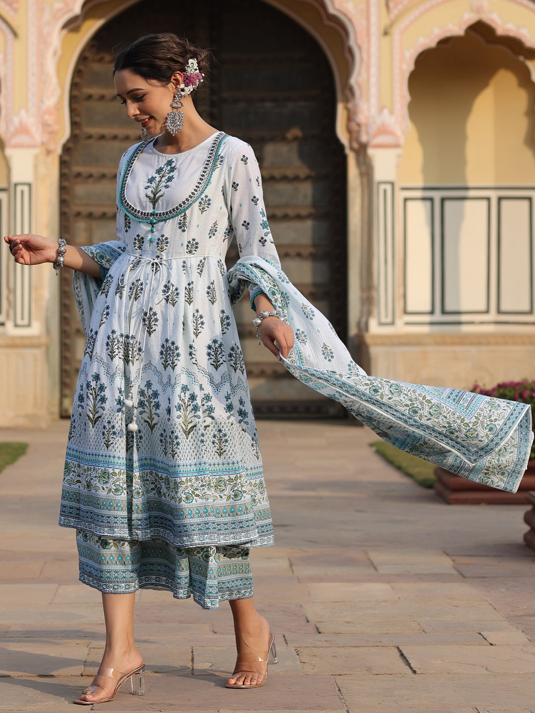Juniper Sky Blue Ethnic Motif Printed Pure Cotton Layered Dress & Kota Dupatta Set With Thread Work