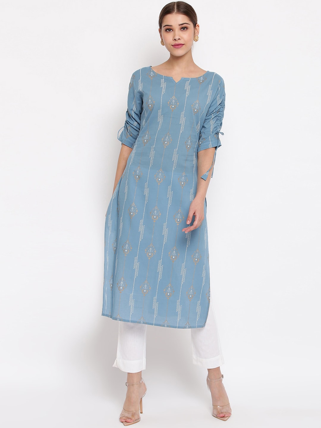 Janasya Women Blue Printed Straight Kurta
