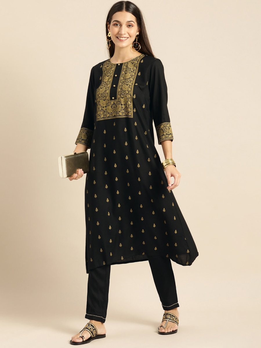 All About You Women Black & Mustard Yellow Printed Kurta with Trousers