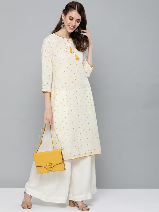 HERE&NOW Women Off-White & Mustard Yellow Geometric Printed Straight Kurta 