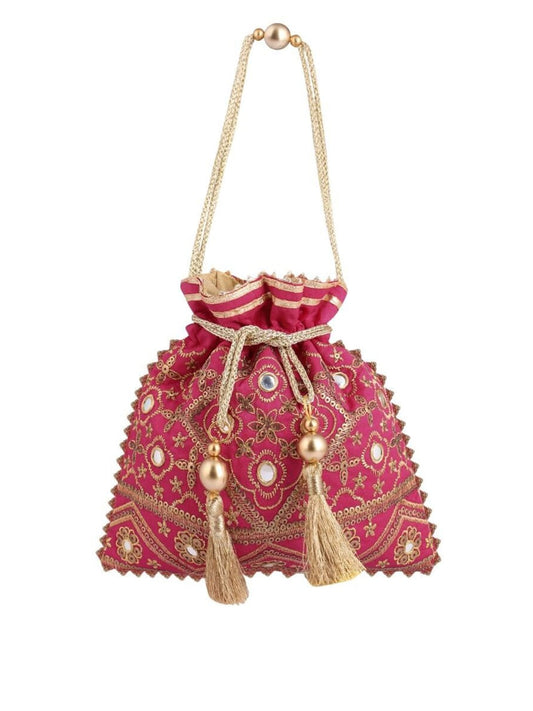 Masq Pink & Gold-Toned Embellished Embroidered Potli Clutch - Grab2buy
