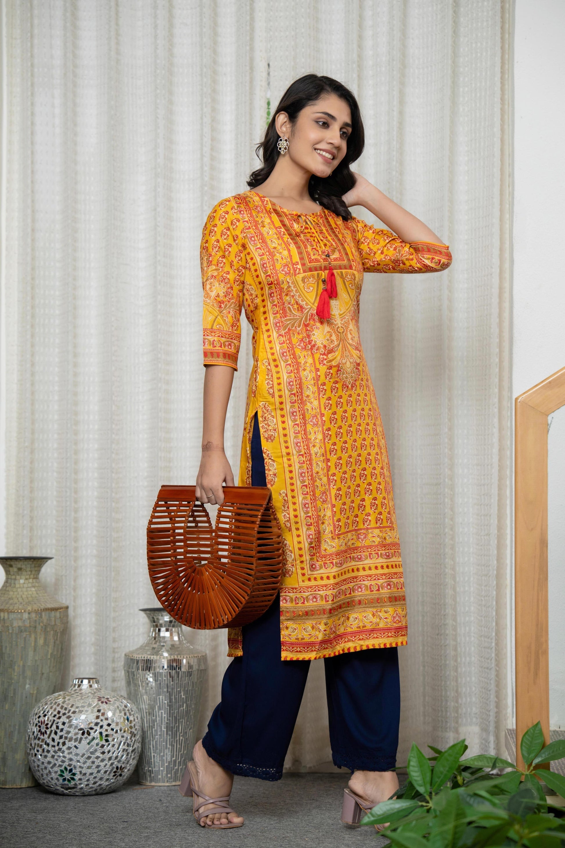 Juniper Women's Mustard Ethnic Motif Printed Shantoon Kurta With Doris & Tassels