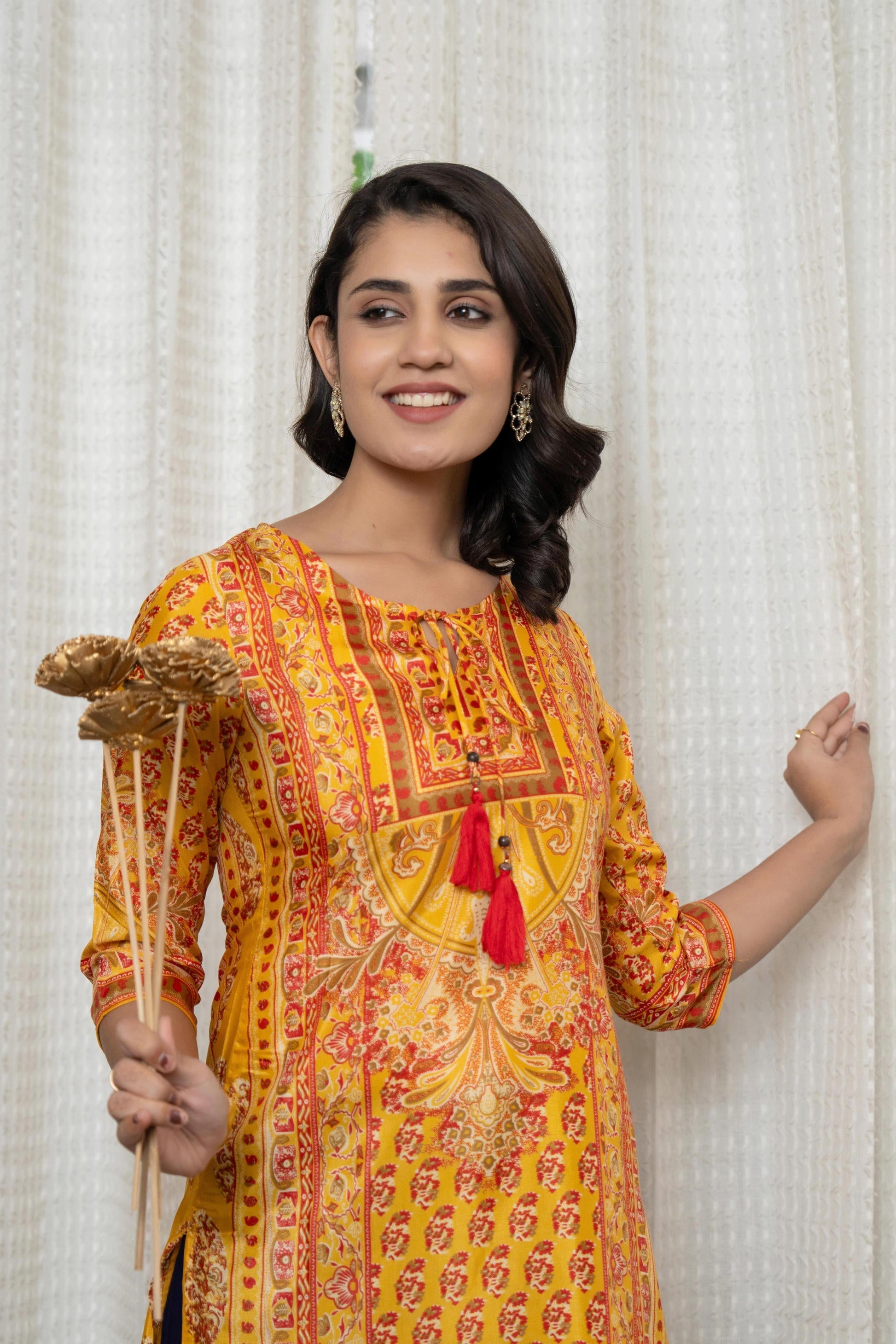 Juniper Women's Mustard Ethnic Motif Printed Shantoon Kurta With Doris & Tassels
