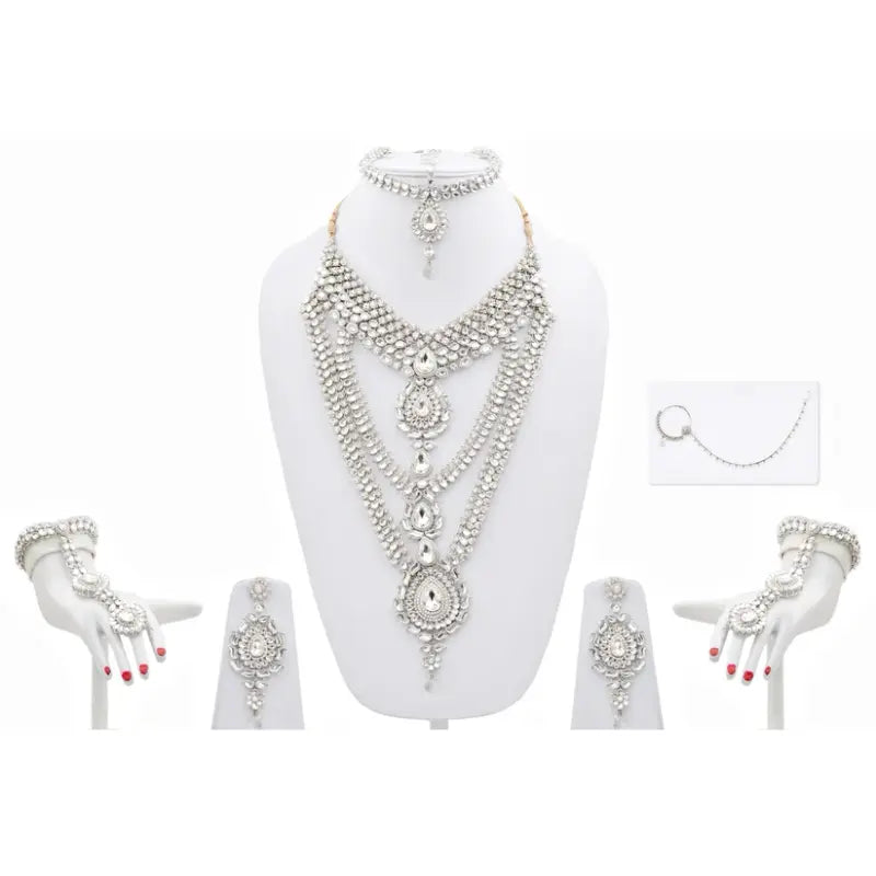 Tehzeeb Creations Platinum Plated Silver Polish Dulhan Bridal Jewelry Set 8 Pcs Tehzeeb Creations