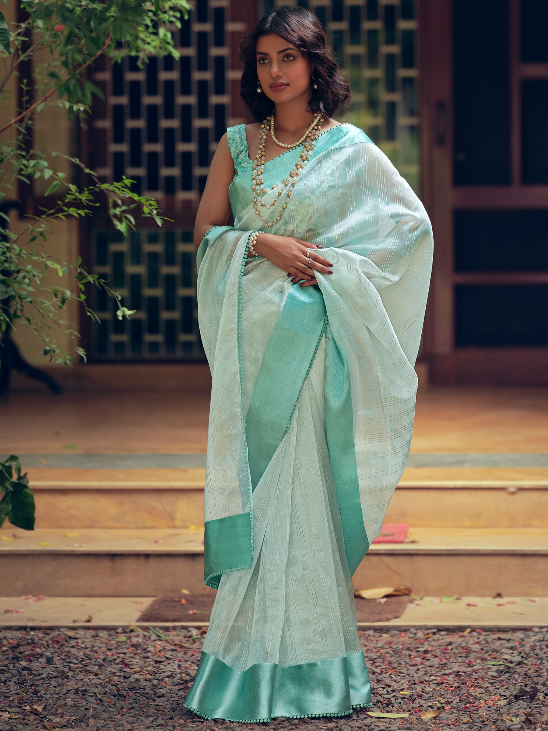 Stylee Lifestyle Sky Blue Organza Woven Saree