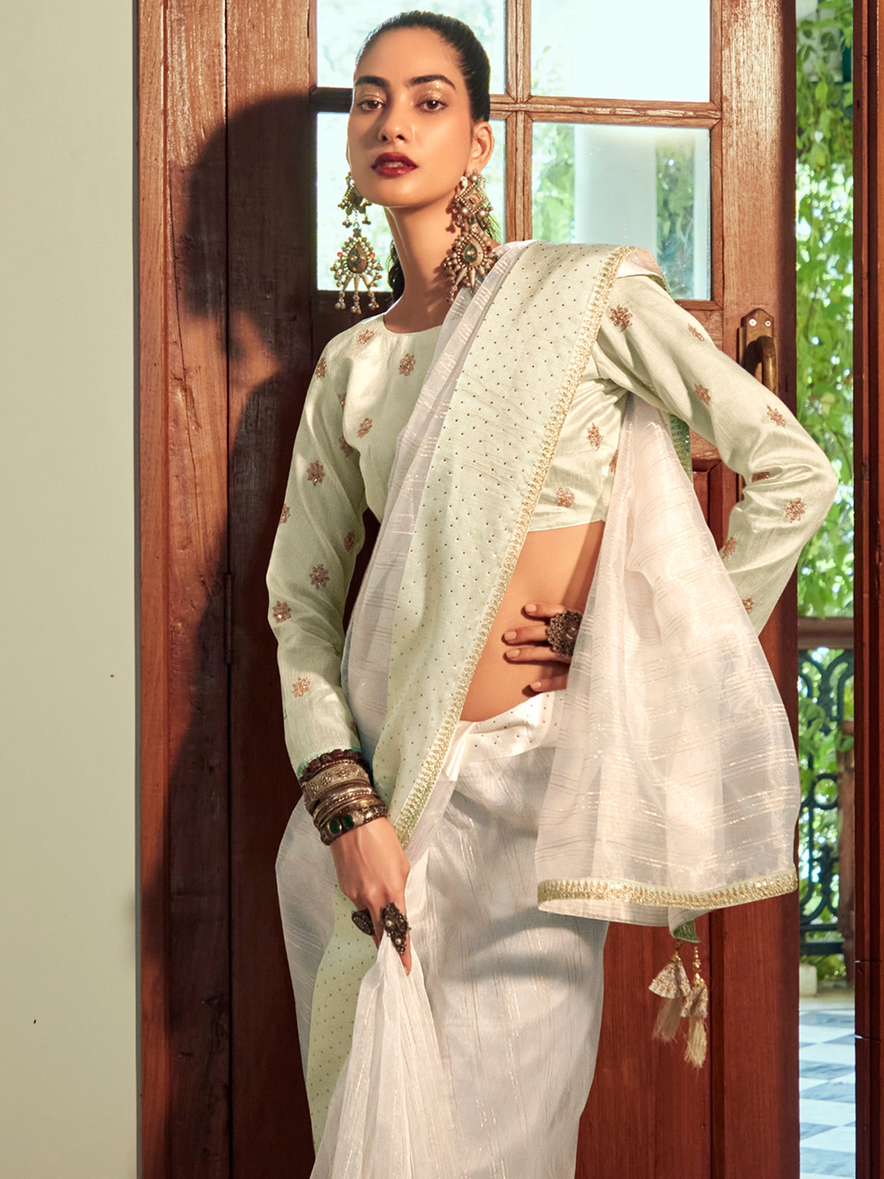 Stylee Lifestyle Cream Organza Woven Saree