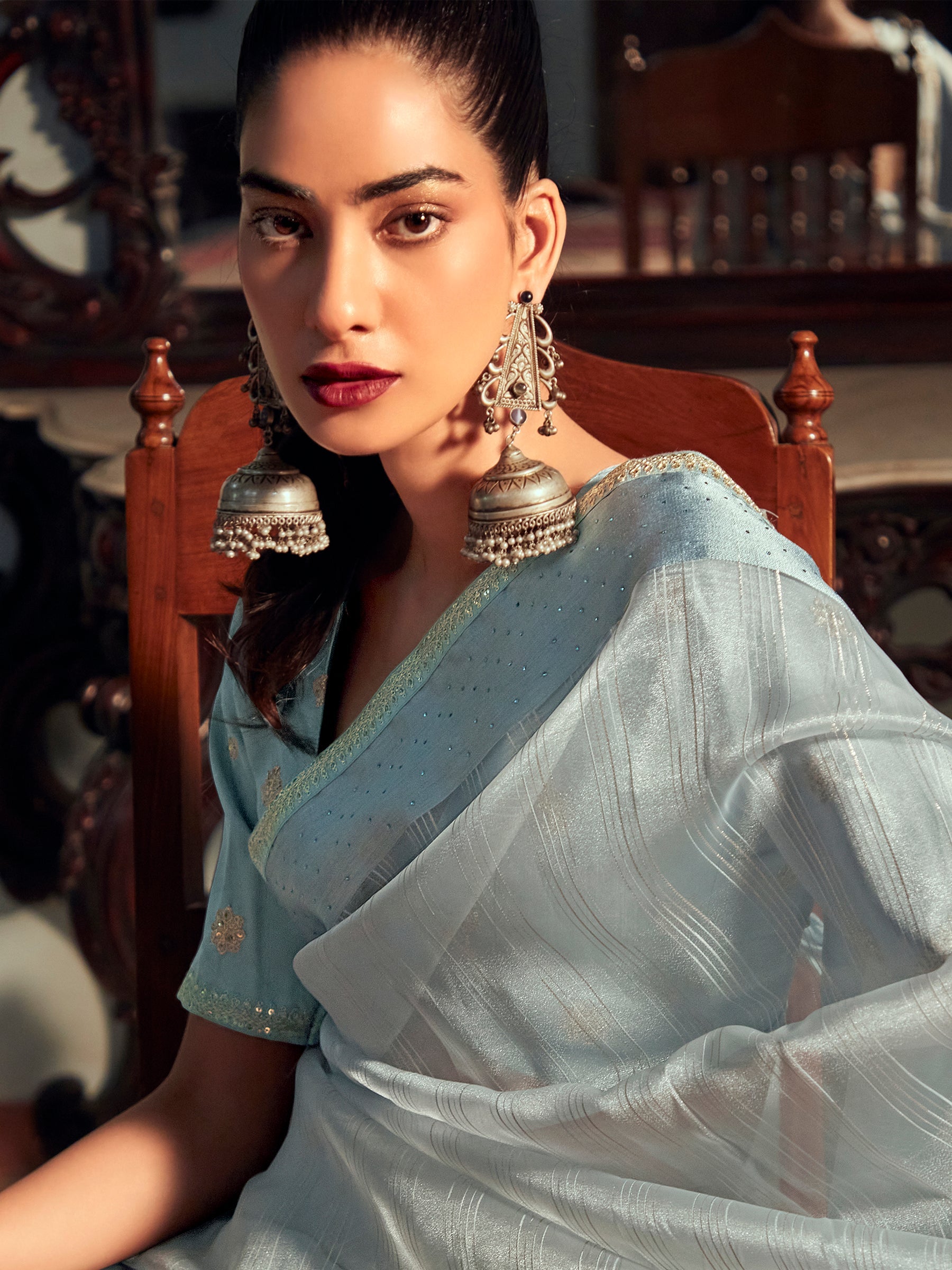 Stylee Lifestyle Sky Blue Organza Woven Saree
