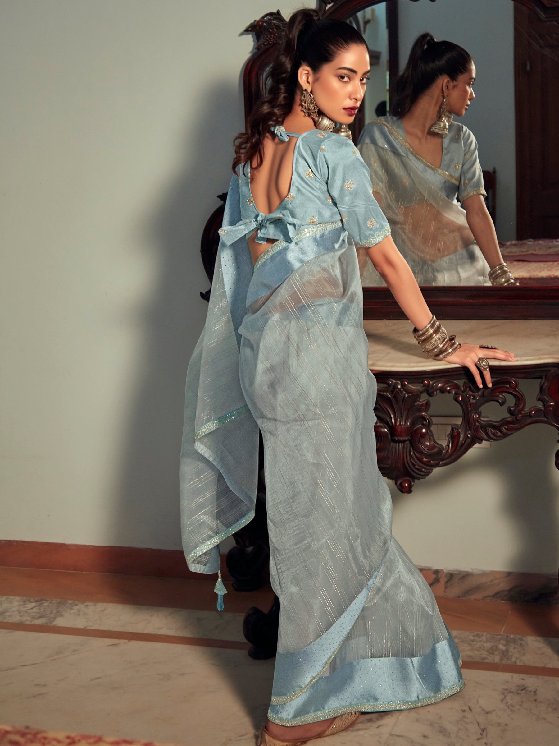 Stylee Lifestyle Sky Blue Organza Woven Saree