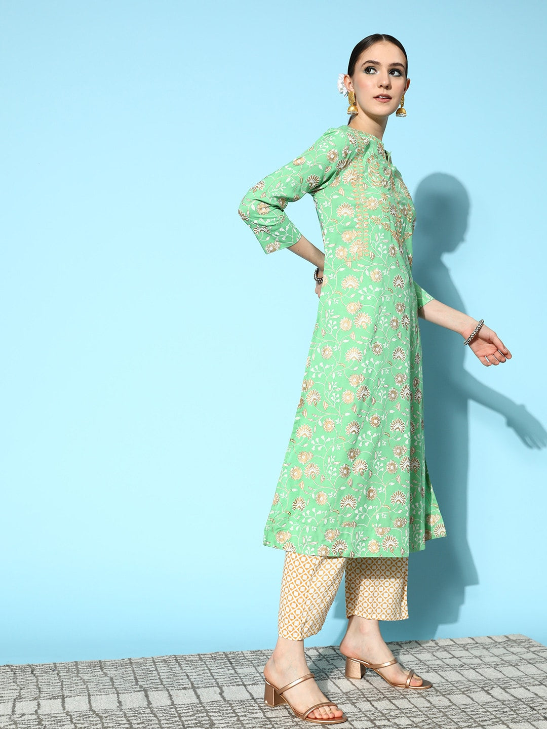 HERE&NOW Women Ethnic Motifs Printed Thread Work Kurta with Trousers & Dupatta